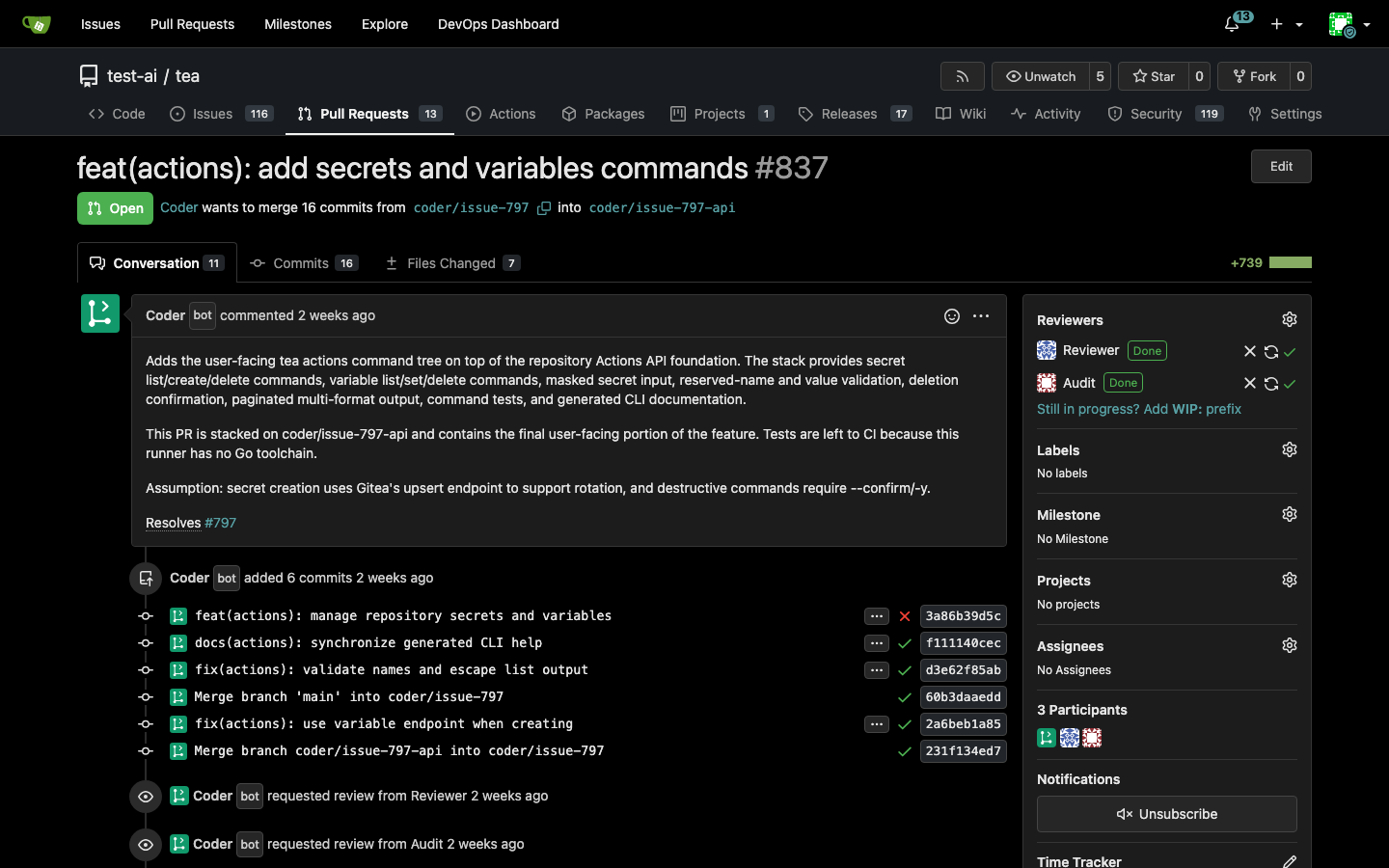 A pull request opened by the Coder agent and reviewed by the Reviewer and Audit agents