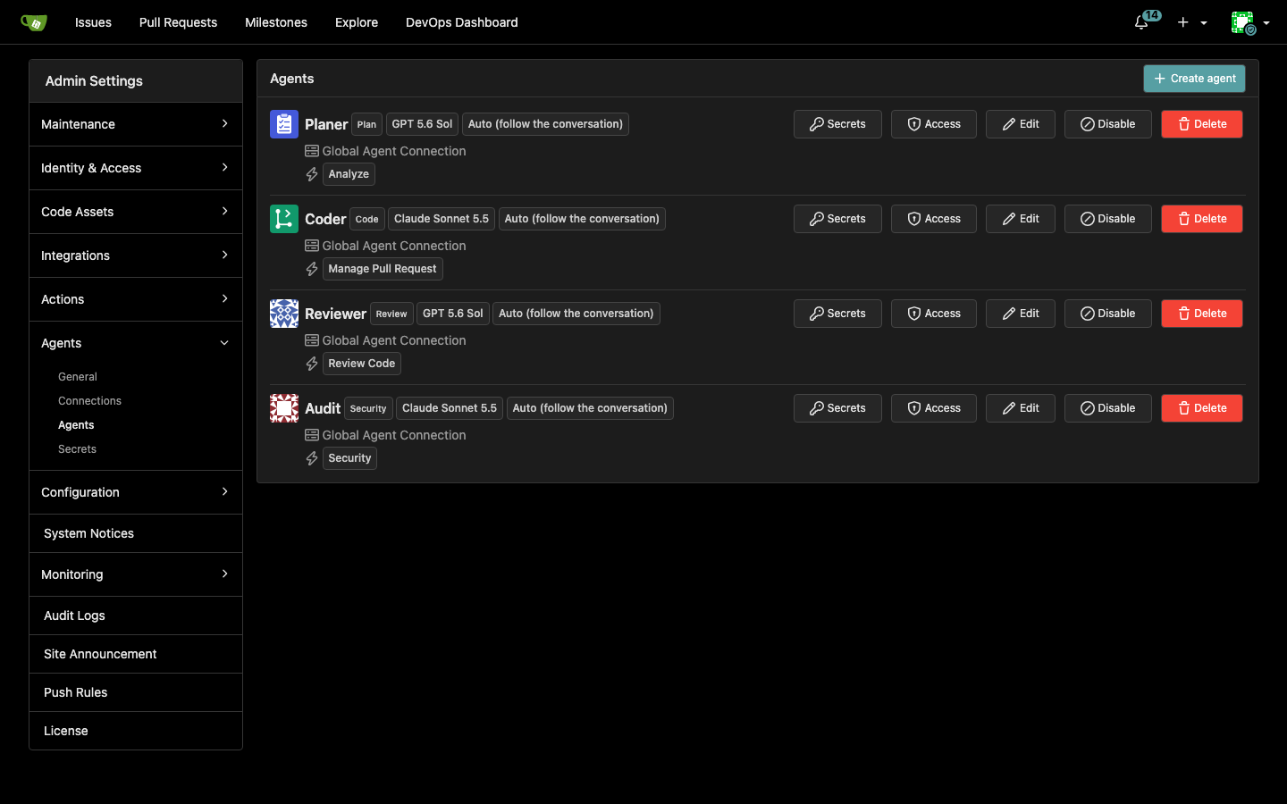 Agents in the admin settings