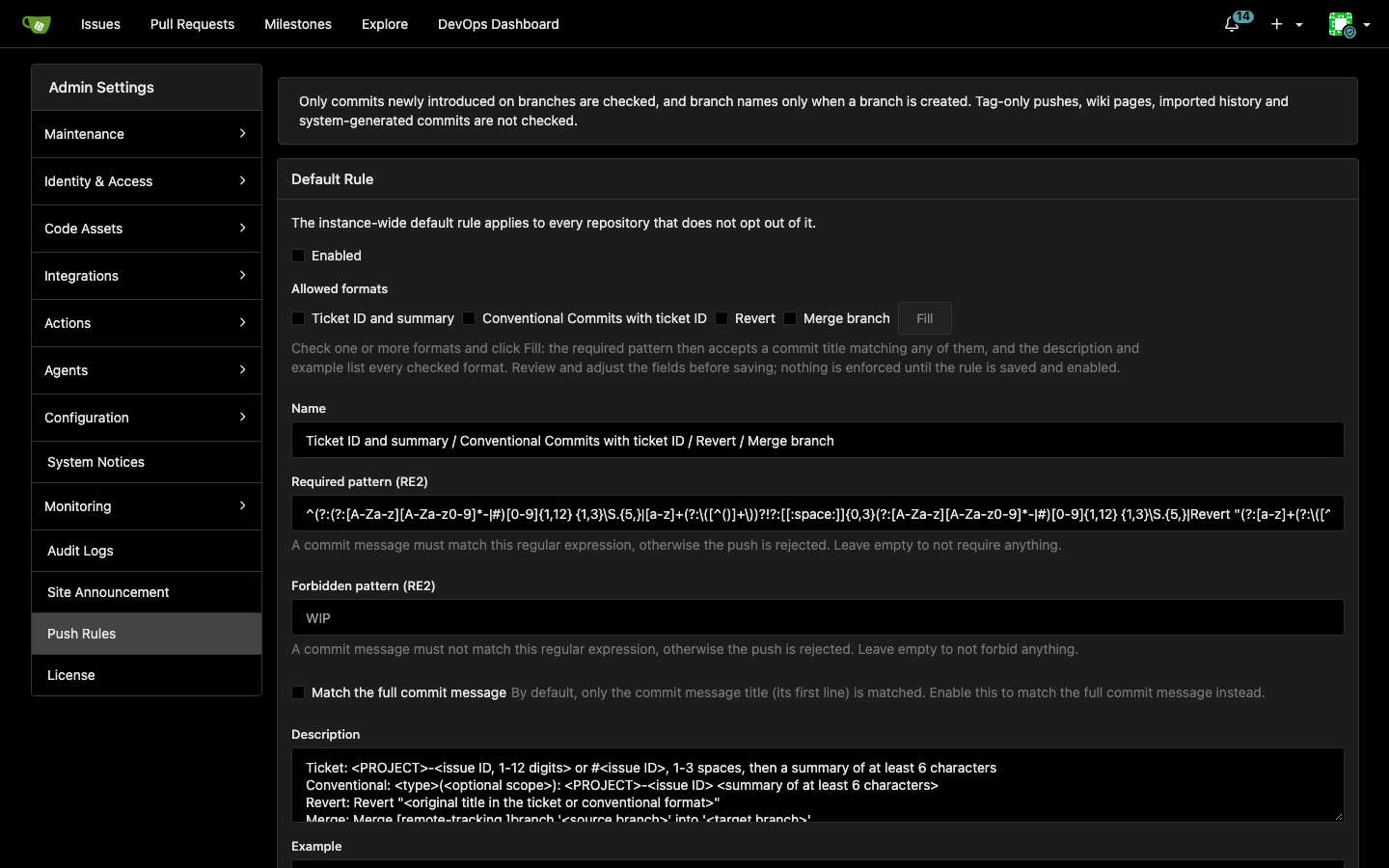 Push rules in the admin settings